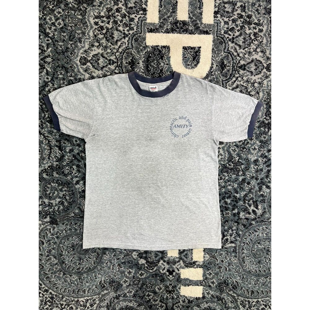 Vintage Men 80s Avil Brand Ringer style crew neck t-shirt Size Large Gray/blue